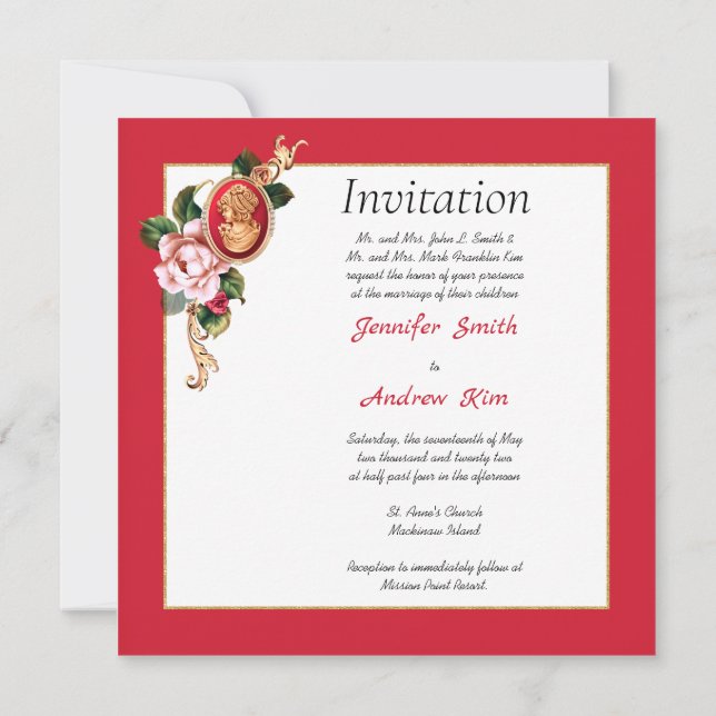Elegant Red and Gold Cameo Invitation (Back)