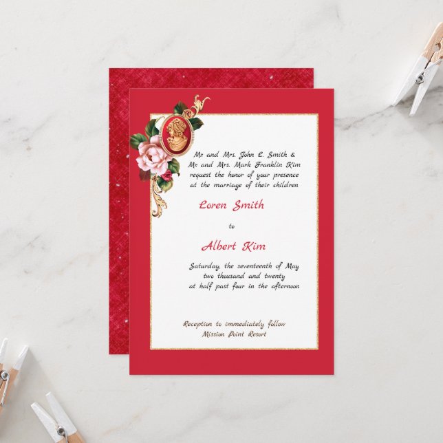 Elegant Red and Gold Cameo Invitation  (Front/Back In Situ)