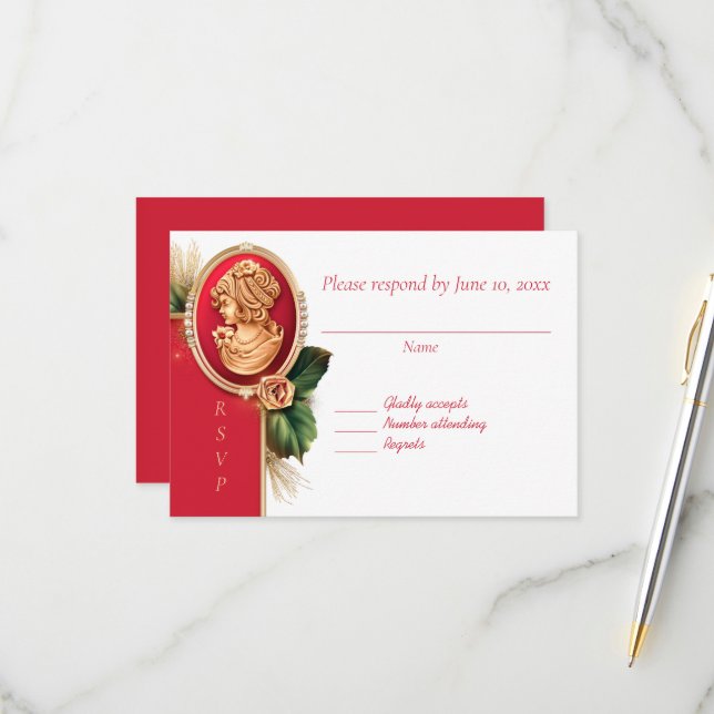Elegant Red and Gold Cameo Wedding Response Card (Front/Back In Situ)