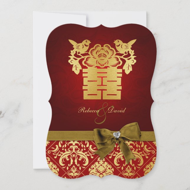 Elegant Red and Gold Chinese Double Happiness Invitation (Front)