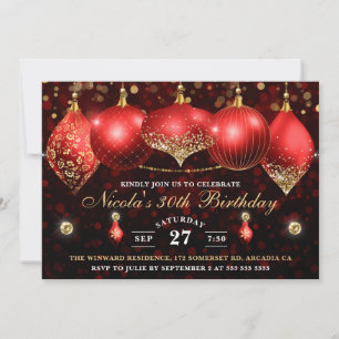 Elegant Red and Gold Christmas Baubles Birthday Invitation