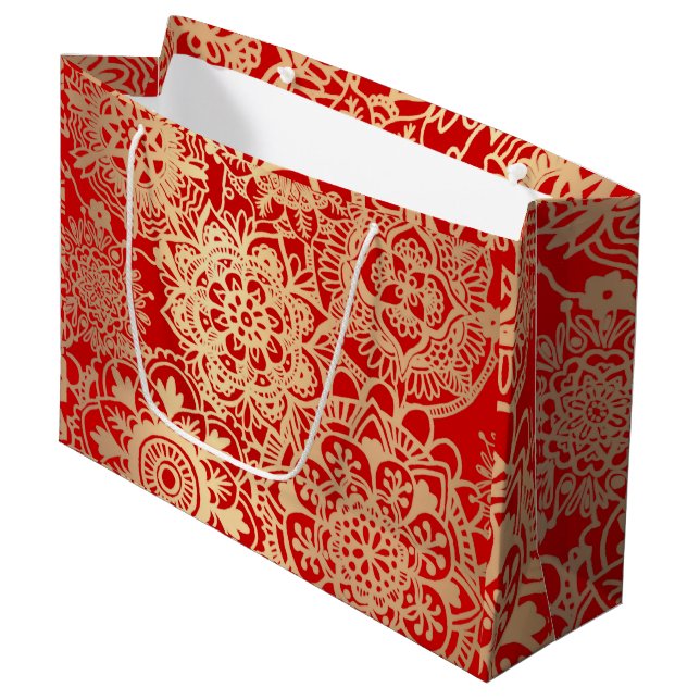 Elegant Red and Gold Christmas Mandala Pattern Large Gift Bag (Front Angled)