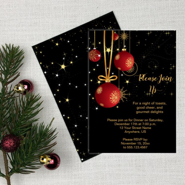Elegant Red and Gold Christmas on Black Party Invitation (Creator Uploaded)