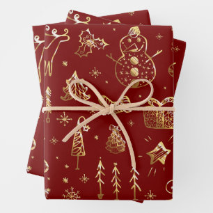 Elegant Red and Gold Christmas Pattern Wrapping Paper Sheet
