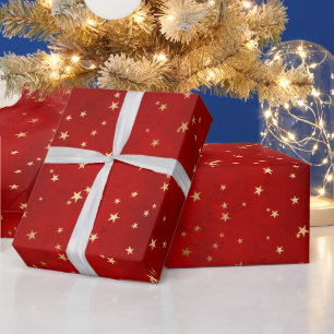 Elegant Red and Gold Christmas Star Pattern Wrapping Paper