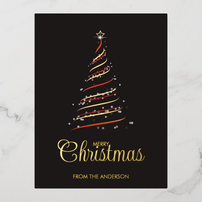 Elegant  Red and Gold Christmas Tree Gold  Foil Holiday Postcard (Front)