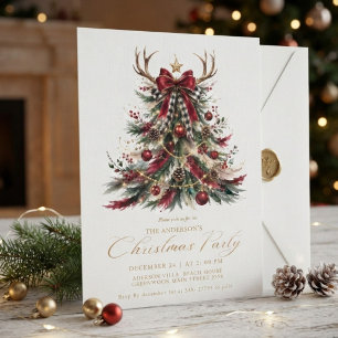 Elegant Red and gold Christmas Tree Winter deer Invitation