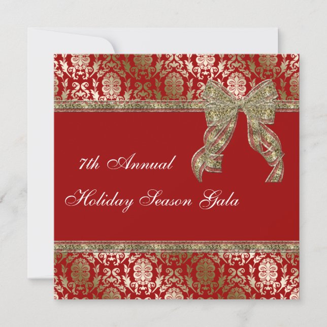 Elegant Red and Gold Damask Holiday Party Invite (Front)