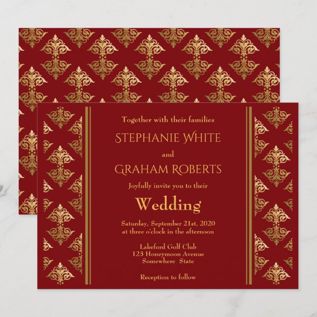 Elegant Red and Gold Damask Patterned Wedding Invitation (Front/Back)