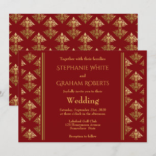 Elegant Red and Gold Damask Patterned Wedding Invitation