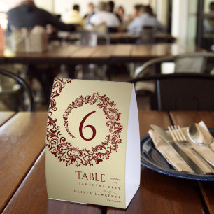 Elegant Red and Gold Damask Wedding Table Number
