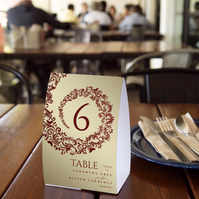 Elegant Red and Gold Damask Wedding Table Number  (Insitu(Restaurant))