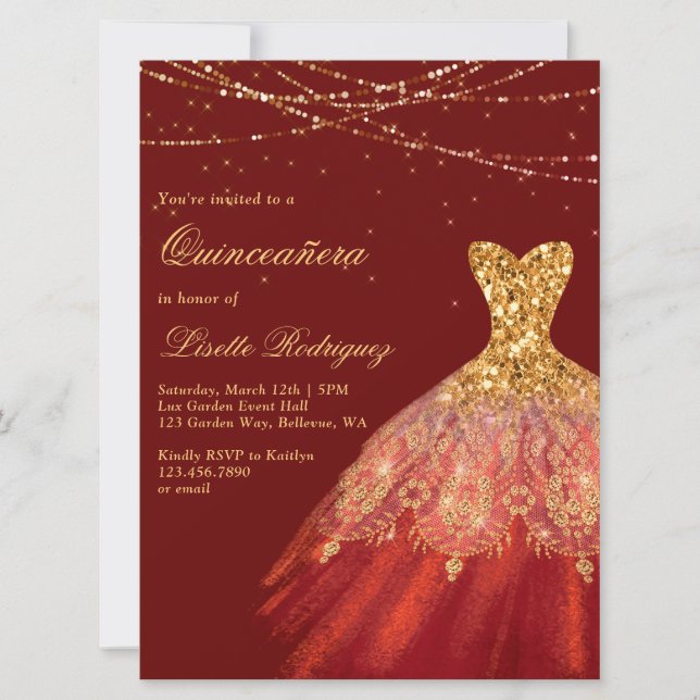 Elegant Red And Gold Dress Quinceanera Invitation (Front)
