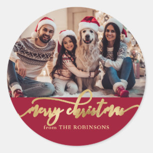 Elegant Red and Gold Family Photo Christmas Classic Round Sticker
