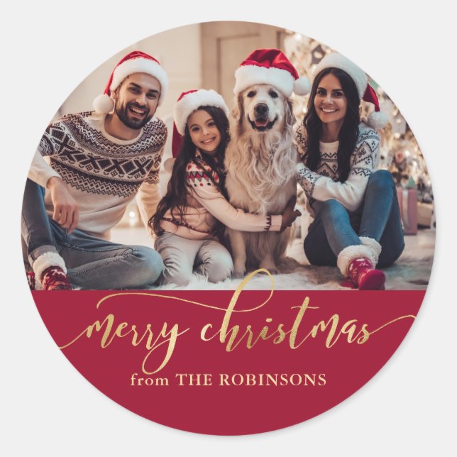 Elegant Red and Gold Family Photo Christmas Classic Round Sticker (Front)