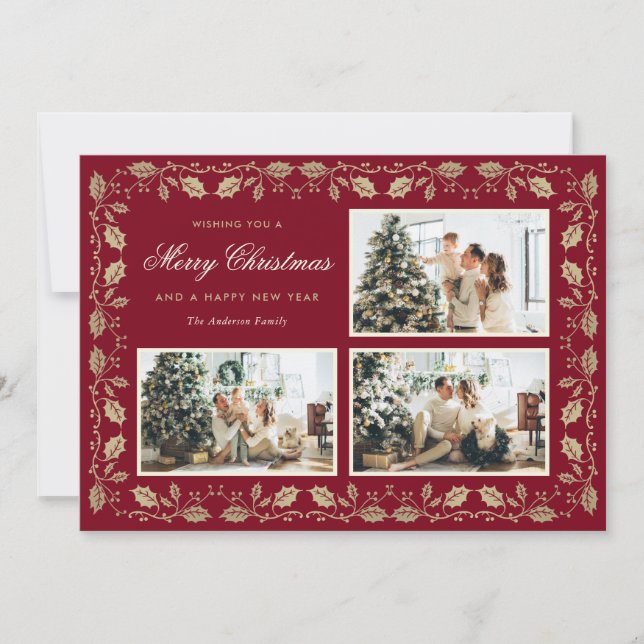 Elegant Red and Gold Family Photo Christmas Holiday Card (Front)