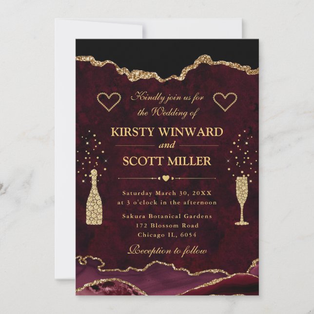 Elegant Red and Gold Faux Glitter Agate Wedding Invitation (Front)