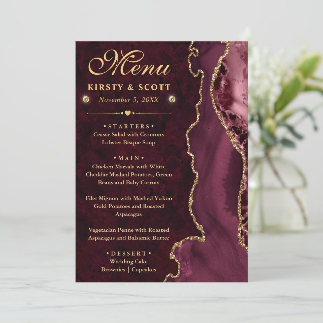 Elegant Red and Gold Faux Glitter Agate Wedding Menu (Standing Front)