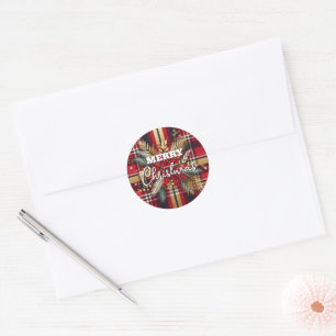 Elegant Red and Gold Festive Plaid Classic Round Sticker