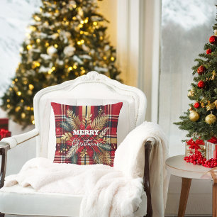 Elegant Red and Gold Festive Plaid Cushion