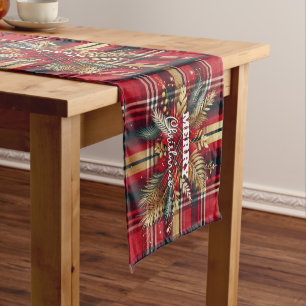 Elegant Red and Gold Festive Plaid  Short Table Runner