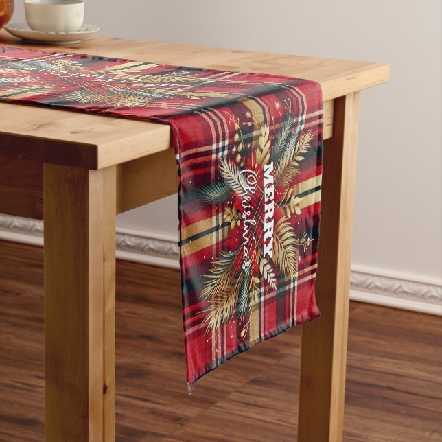 Elegant Red and Gold Festive Plaid  Short Table Runner (In Situ)