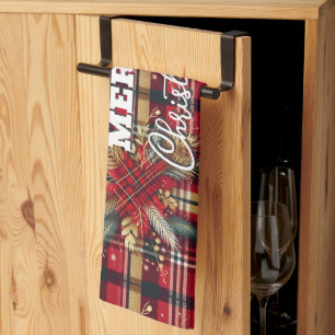 Elegant Red and Gold Festive Plaid Tea Towel