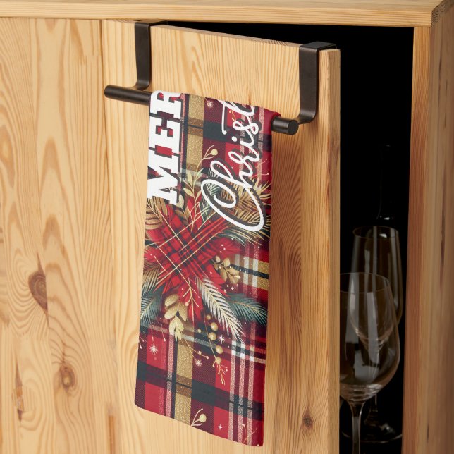 Elegant Red and Gold Festive Plaid  Tea Towel (Thirds Fold)