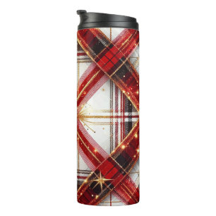 Elegant Red and Gold Festive Plaid with Starburst  Thermal Tumbler