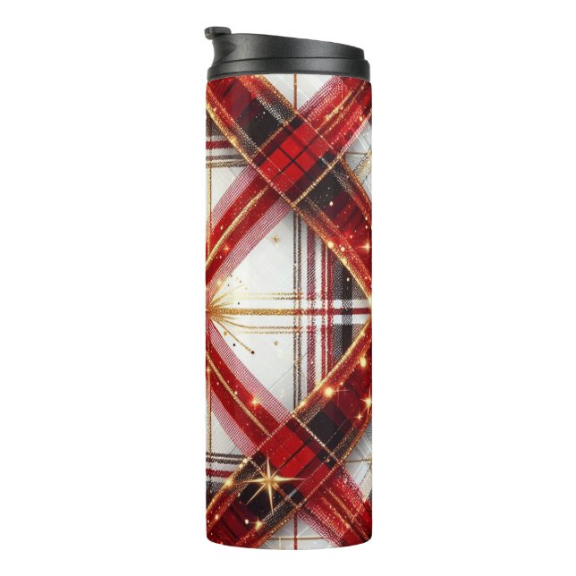 Elegant Red and Gold Festive Plaid with Starburst  Thermal Tumbler (Rotated Right)