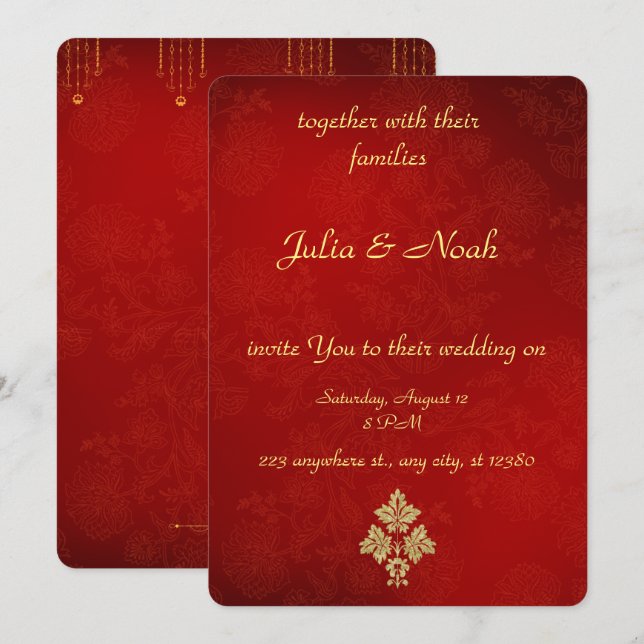 Elegant Red and Gold Floral Wedding Invitation (Front/Back)