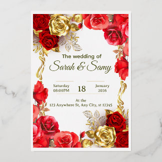 Elegant Red and Gold Floral Wedding Invitation Car
