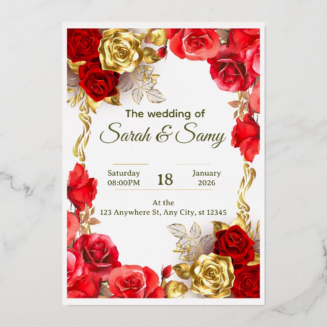Elegant Red and Gold Floral Wedding Invitation Car (Front)