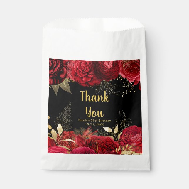 Elegant Red and Gold Flowers Birthday Party Favour Bags (Front)