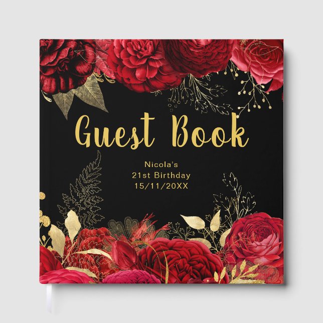 Elegant Red and Gold Flowers Birthday Party Guest Book (Front)