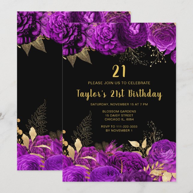 Elegant Red and Gold Flowers Birthday Party Invitation (Front/Back)