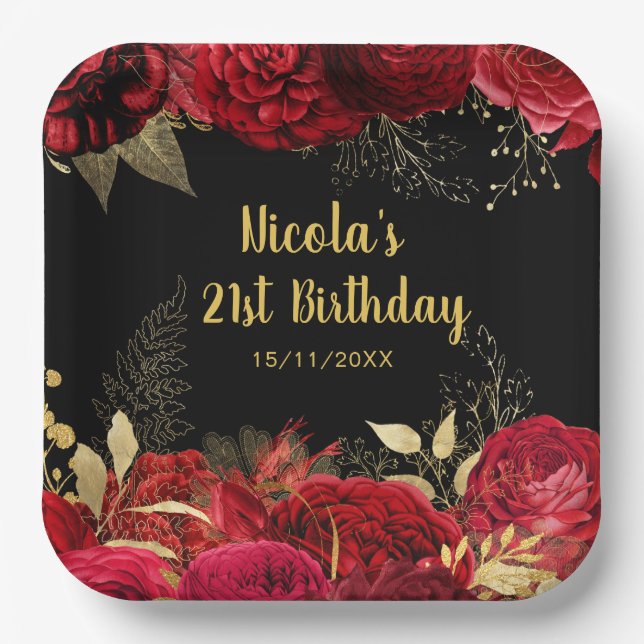Elegant Red and Gold Flowers Birthday Party Paper Plate (Front)