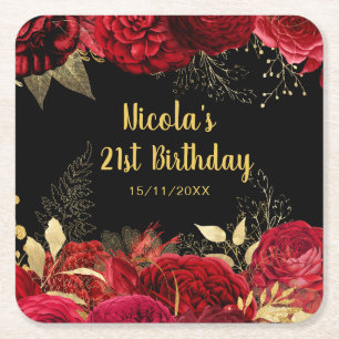 Elegant Red and Gold Flowers Birthday Party Square Paper Coaster
