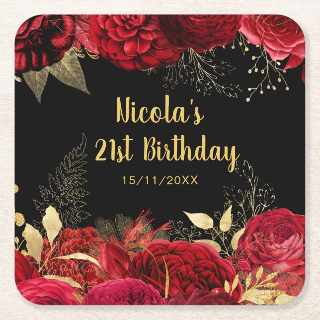Elegant Red and Gold Flowers Birthday Party Square Paper Coaster (Front)