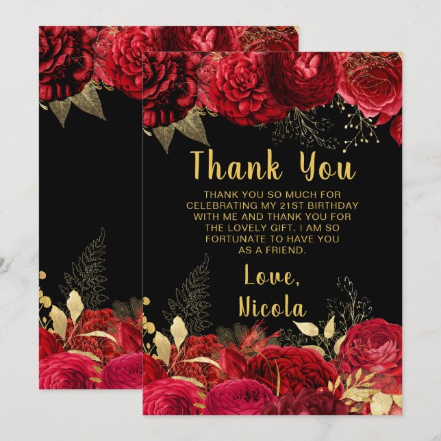 Elegant Red and Gold Flowers Birthday Party Thank You Card (Front/Back)