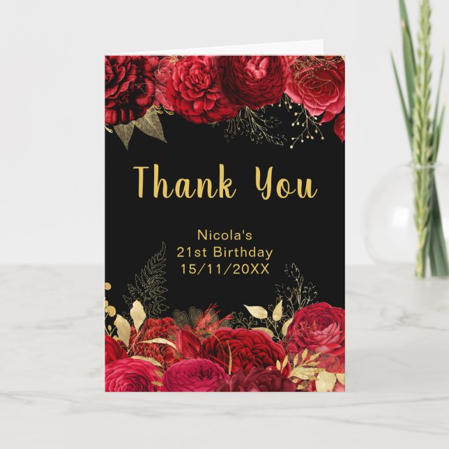 Elegant Red and Gold Flowers Birthday Party Thank You Card (Front)