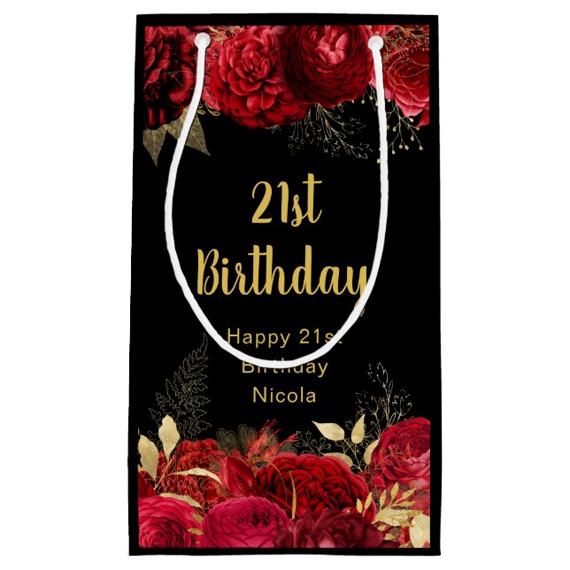 Elegant Red and Gold Flowers Birthday Small Gift Bag (Front)