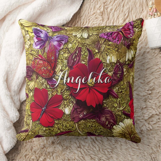 Elegant Red and Gold Flowers Personalised Name Cushion (Blanket)