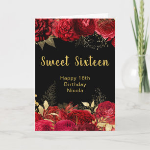 Elegant Red and Gold Flowers Sweet Sixteen Card