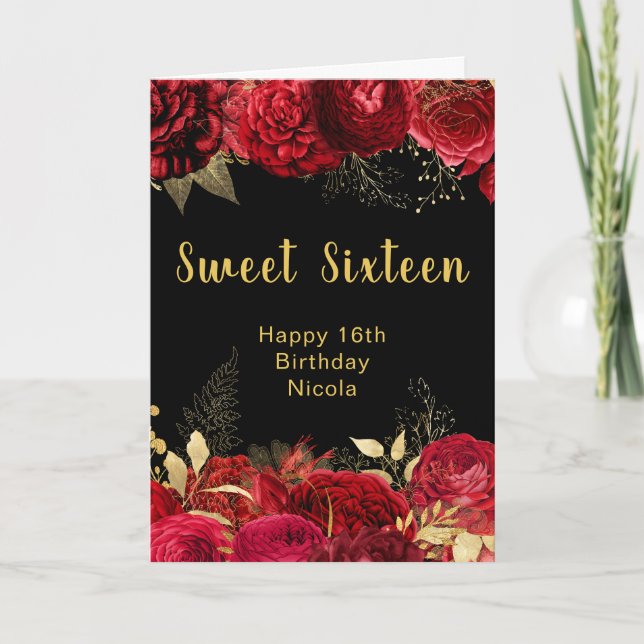 Elegant Red and Gold Flowers Sweet Sixteen Card (Front)