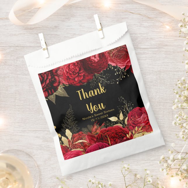 Elegant Red and Gold Flowers Sweet Sixteen Favour Bags (Clipped)