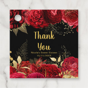 Elegant Red and Gold Flowers Sweet Sixteen Favour Tags