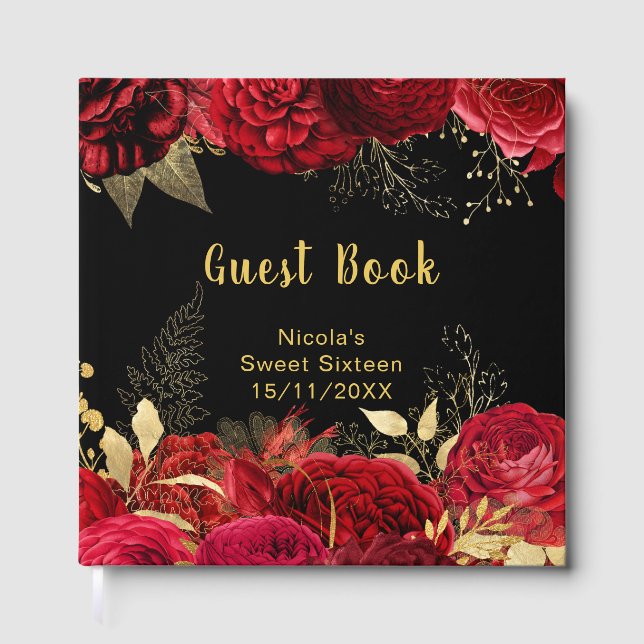 Elegant Red and Gold Flowers Sweet Sixteen Guest Book (Front)