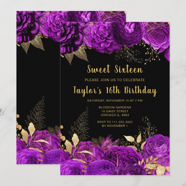 Elegant Red and Gold Flowers Sweet Sixteen Invitation (Front/Back)