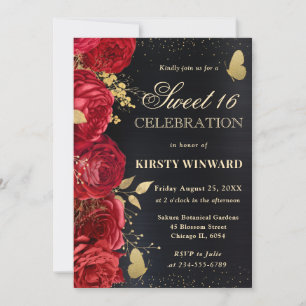 Elegant Red and Gold Flowers Sweet Sixteen Invitation